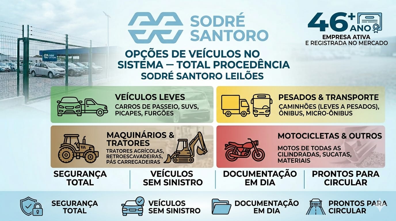 Categorias de veículos Sodré Santoro: Leves, Pesados, Maquinários e Motocicletas